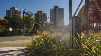 Mist emitters strategically located at different positions in the park help cool the space and provide interesting visual effects.